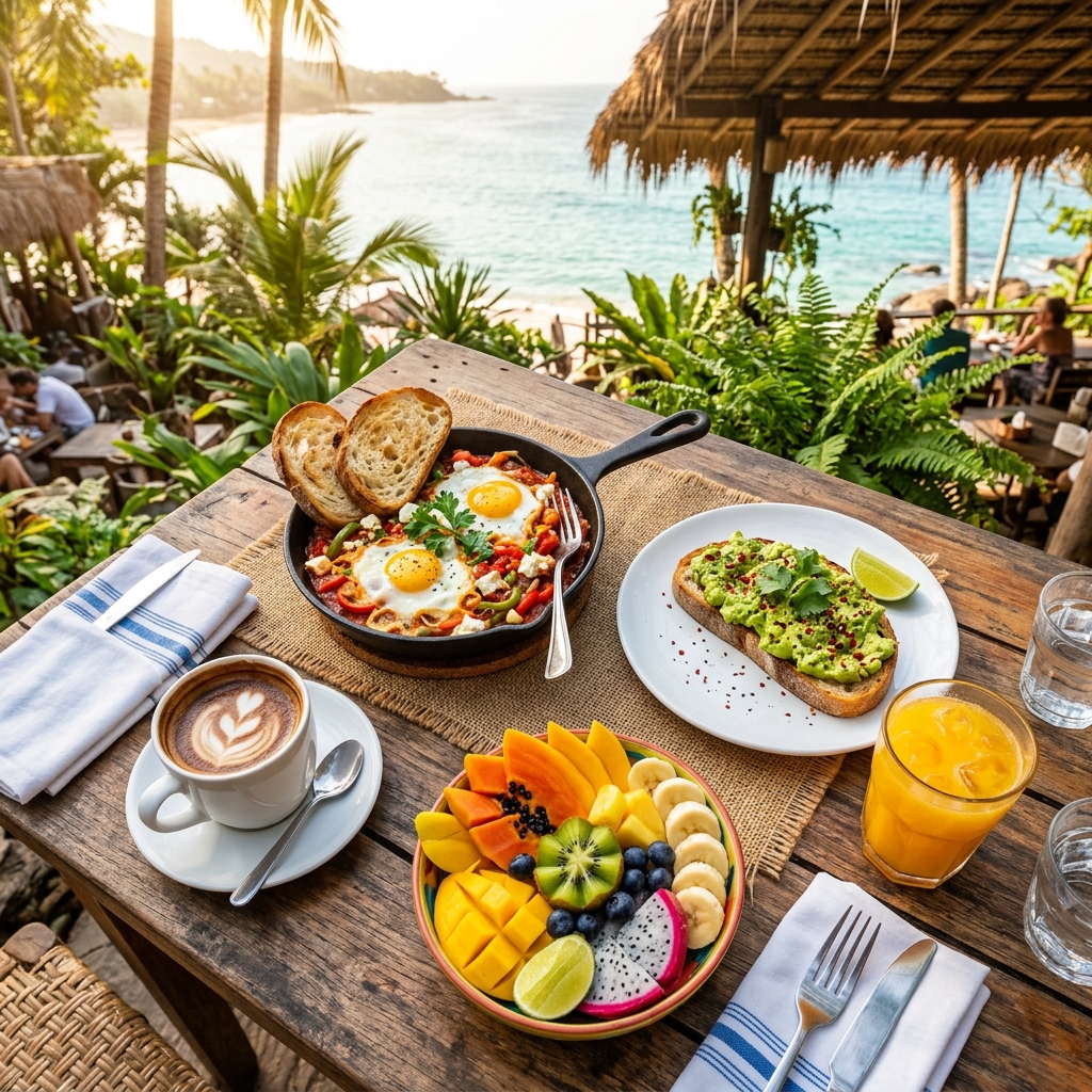 Breakfast at Novu — eggs, avocado toast, tropical fruits in Mandwa